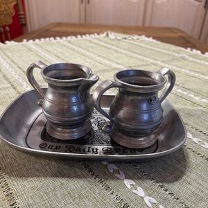 Wilton Armetale pewter bread tray with pewter creamer and sugar